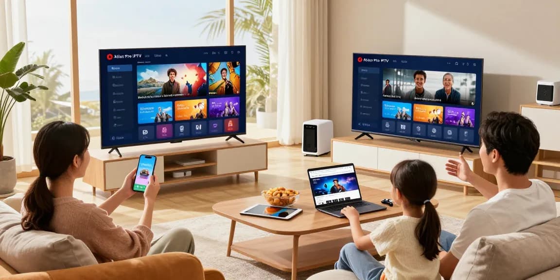 Atlas Pro IPTV en famille, profitant d'un service de divertissement numérique dans un salon moderne.