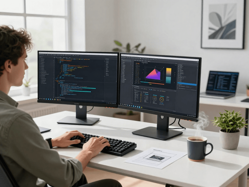Scène de développement logiciel avec Atlas pro ontv sur un bureau moderne et lumineux.