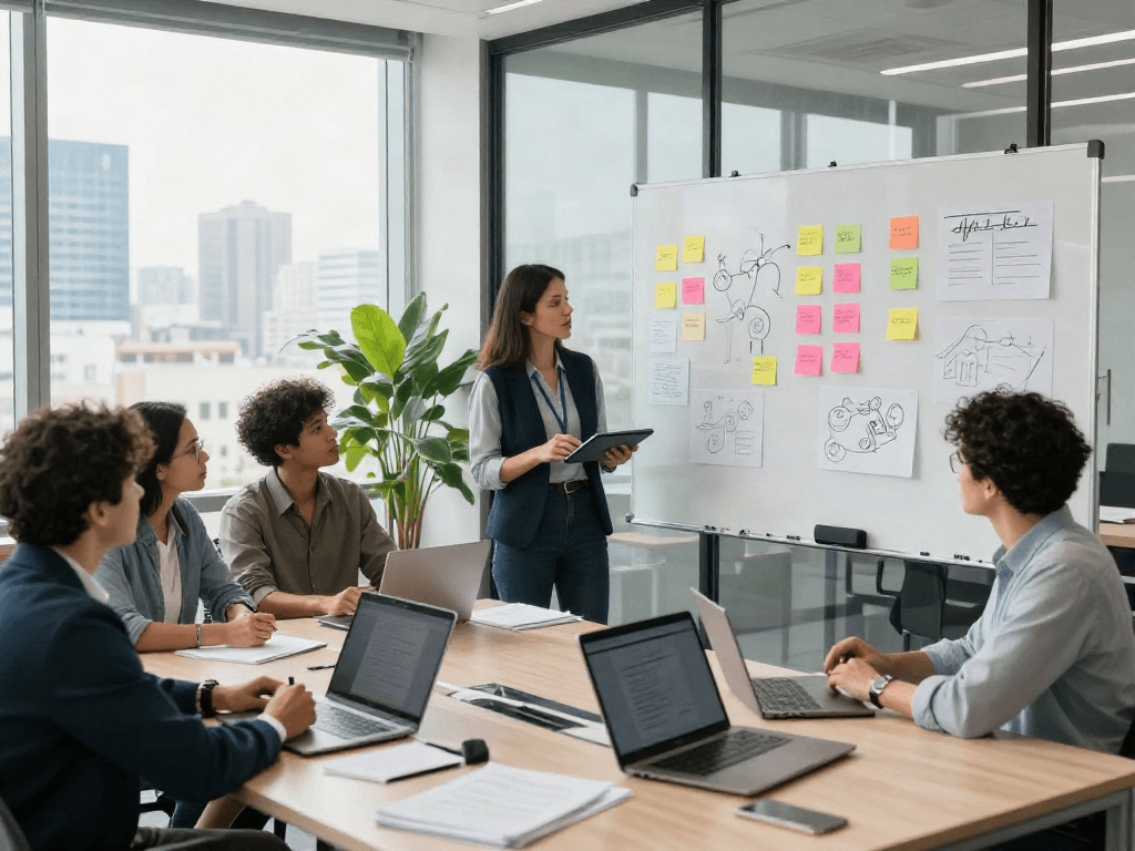 Tim profesional berdiskusi tentang cermin4d dalam ruang rapat modern.