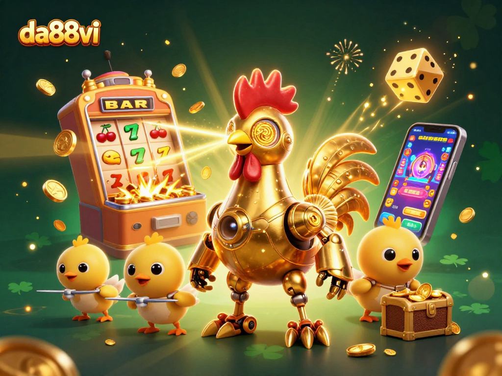 Engage with da88vi's exciting games featuring a golden rooster robot amid a jackpot explosion.