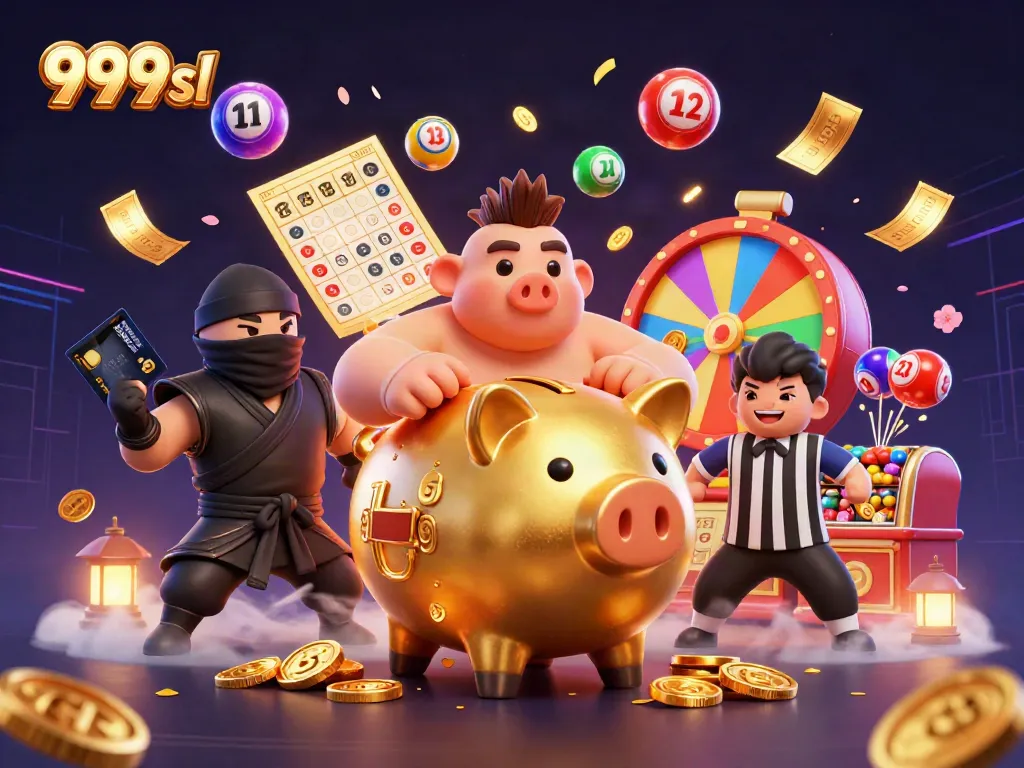 Experience the thrilling gaming action of 999sl with a sumo wrestler, wallet-ninja, and samurai referee in a vibrant scene.