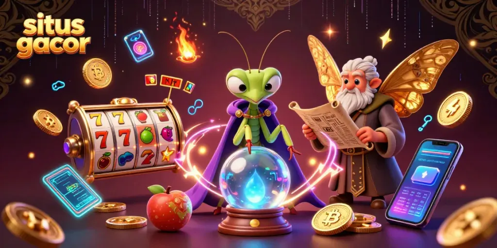 Menggambarkan situs gacor dengan karakter unik seperti mantis peramal dan ngengat pustakawan di ruang kasino yang penuh dengan elemen permainan.