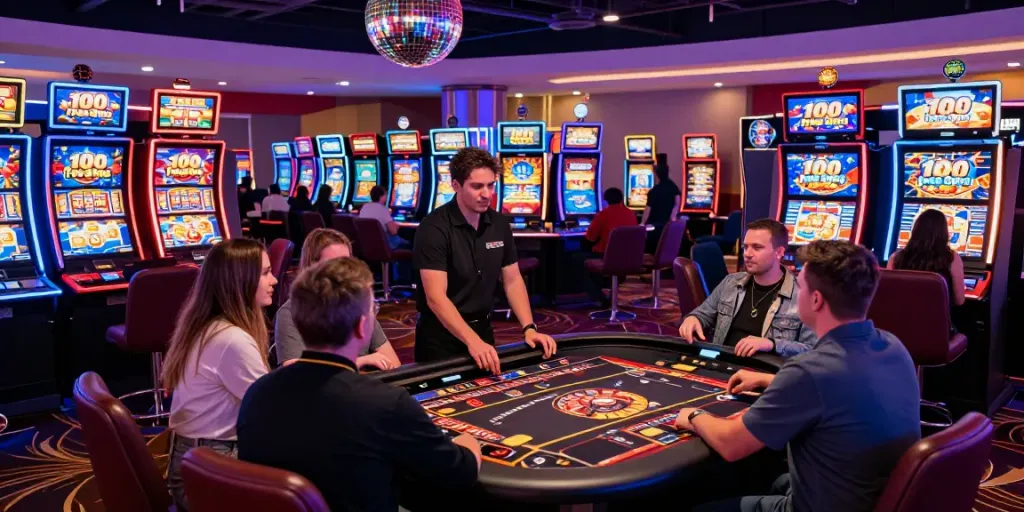 Scène animée au DiscoWin casino avec joueurs aux machines à sous et à la roulette, lumière disco.