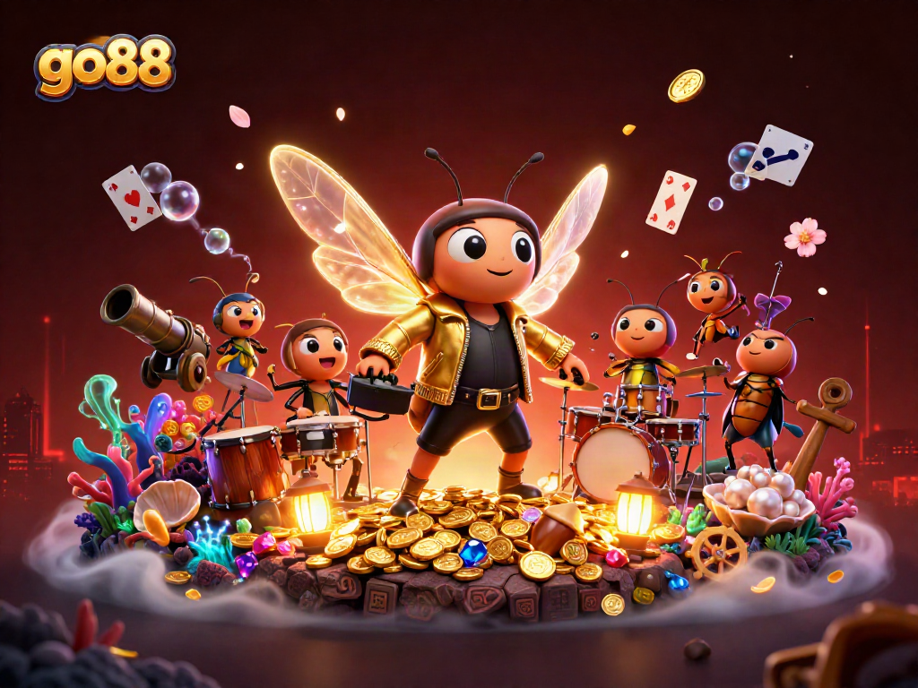 Experience the excitement with go88, where a rock star cicada meets vibrant casino elements in a colorful 3D scene.