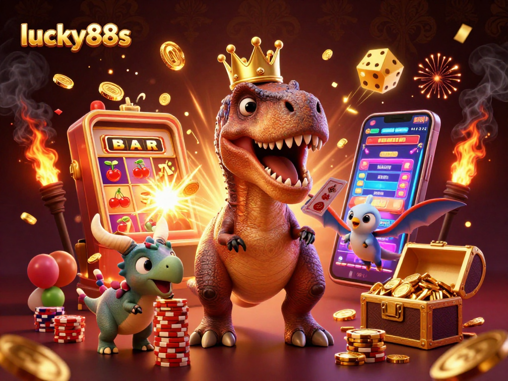 Experience the excitement of lucky88s with playful dinosaur characters and dynamic casino elements.
