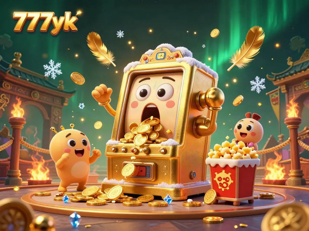 Experience the thrill of hitting jackpots at 777yk with golden slot machines pouring coins amidst exciting game elements.