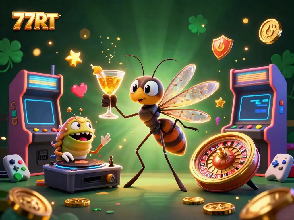 Experience the excitement of 77RT with vibrant 3D characters and casino-themed elements in an engaging digital illustration.