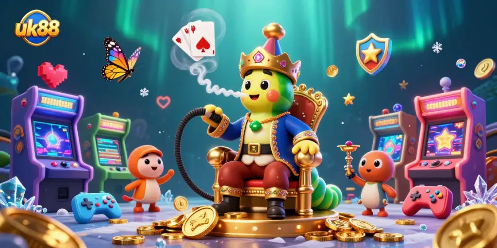 Experience thrilling gameplay at uk88 with vibrant casino elements and a charming caterpillar character.