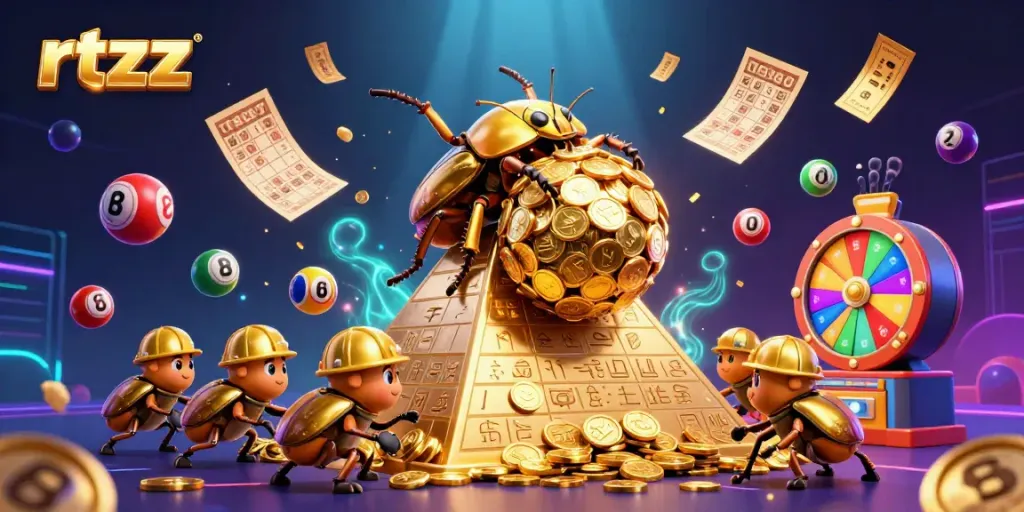 Experience the thrill of rtzz with a golden beetle and dynamic lottery elements in a vibrant 3D casino scene.
