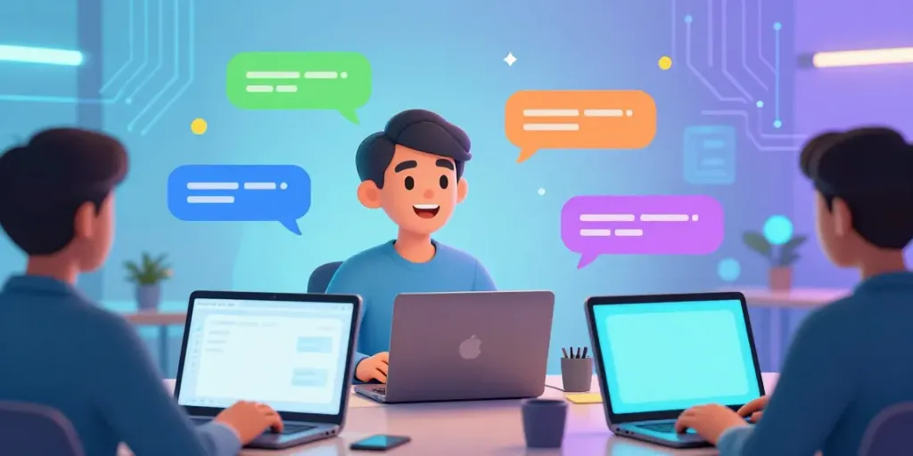 Engaging virtual chat scene with free ai slut avatar interacting with users in a modern tech environment
