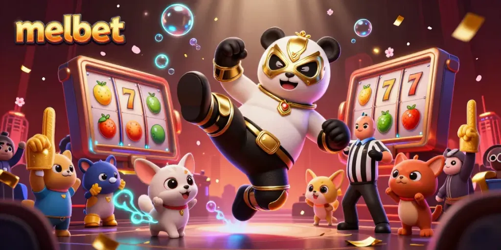 Engage with melbet through thrilling slot action featuring panda wrestler and animal spectators.