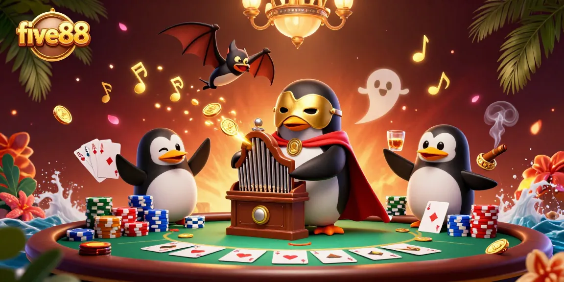 Engaging five88 casino illustration featuring a penguin character playing music with poker elements and golden coins.