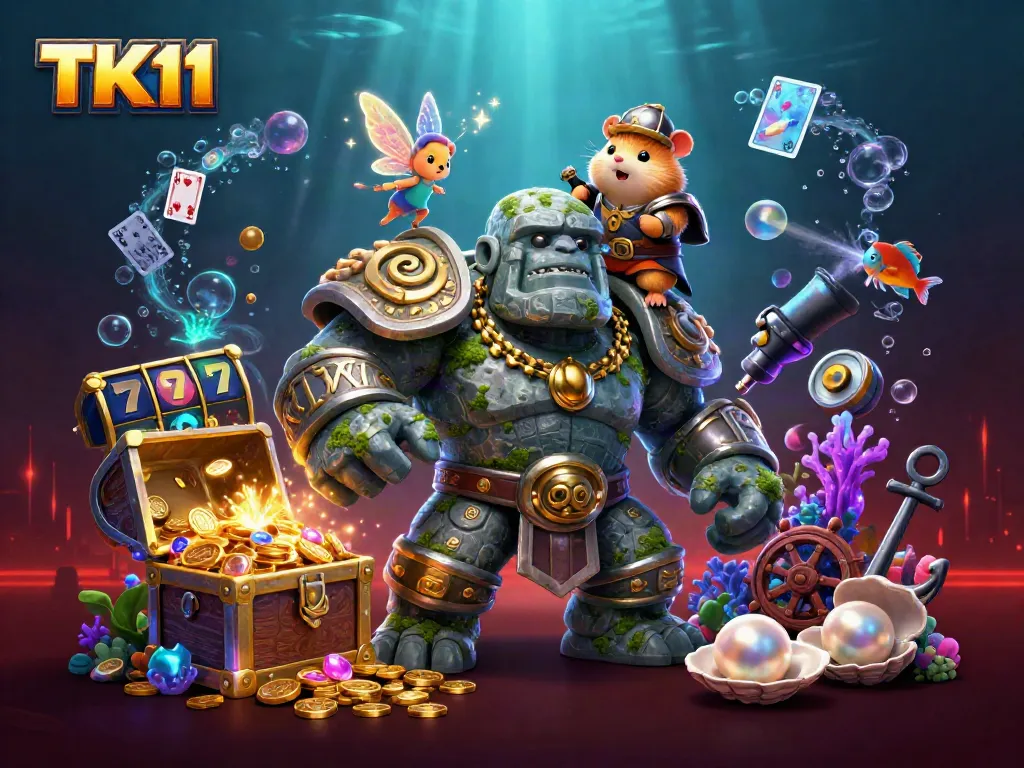 Engaging TK11 scene with a golem guardian, fairy, and hamster knight playing casino games with dynamic elements.