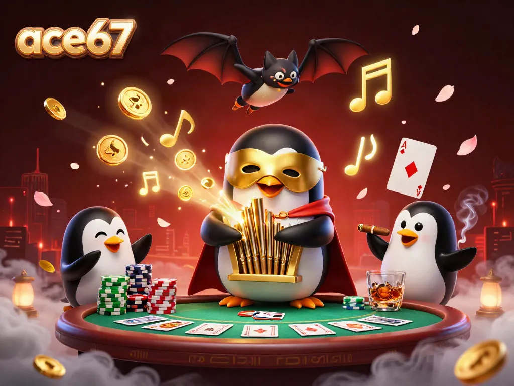 Experience winning thrills with ace67 as the phantom opera penguin plays at a vibrant casino scene.