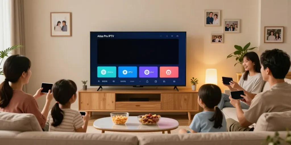 Installation d'Atlas Pro IPTV dans un salon moderne avec une famille profitant du streaming.