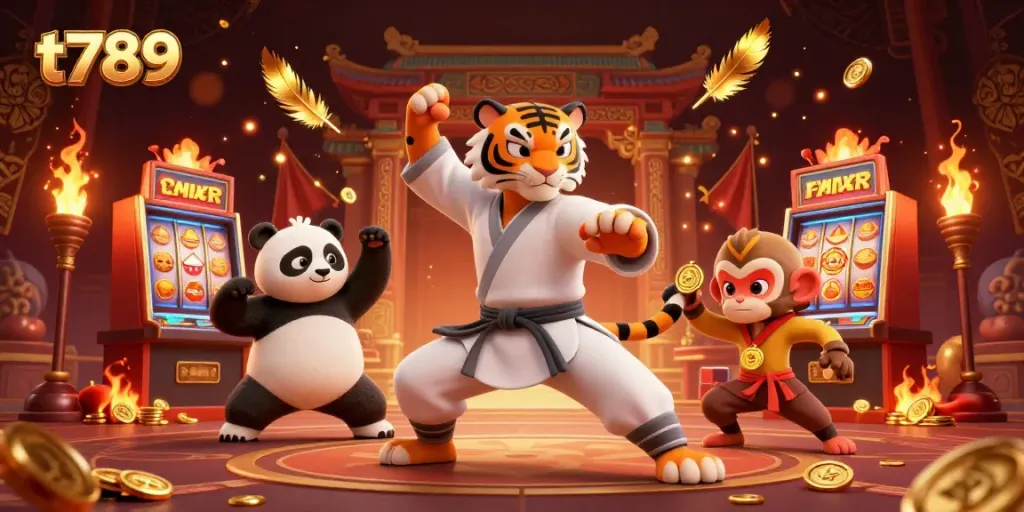 Engage with the t789 gaming experience featuring a kung fu tiger and playful panda amidst dynamic casino action.
