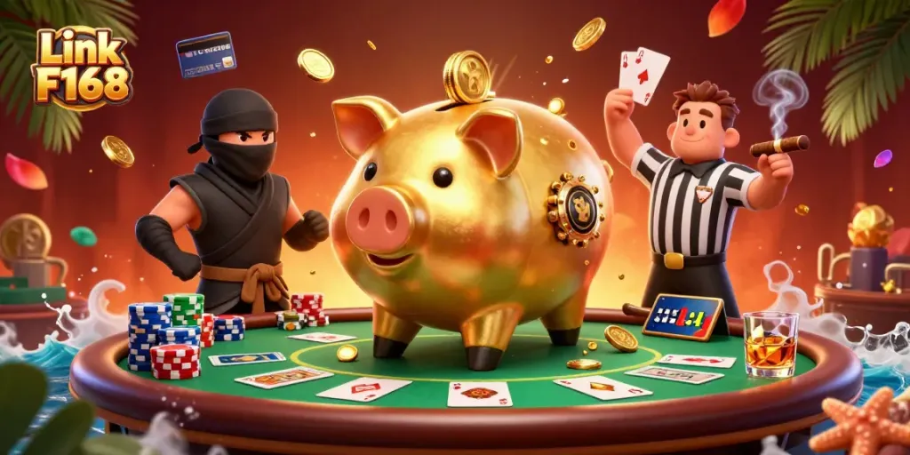 Experience the excitement of Link F168 with a fun casino scene featuring dynamic characters and vibrant gaming elements.