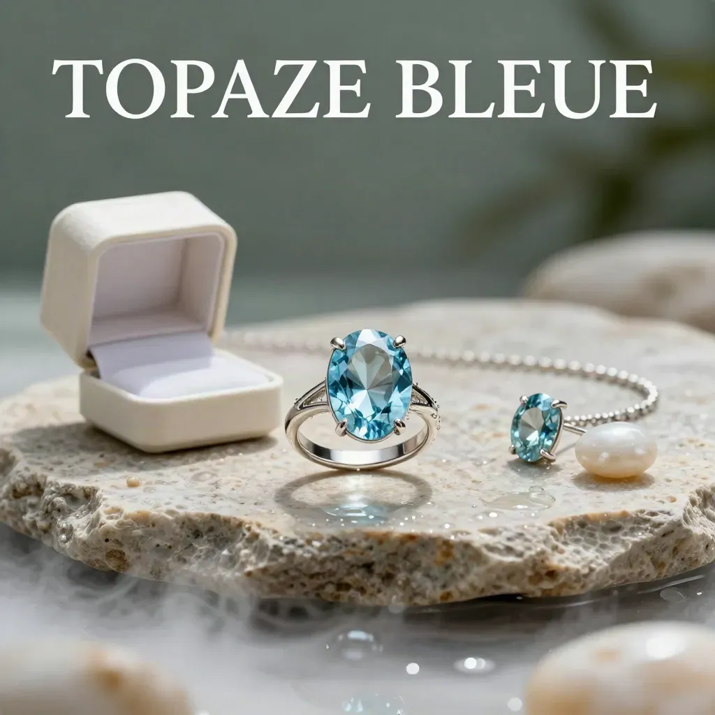 Bague en topaze bleue sur socle clair, avec écrin, collier fin et boucles assorties, ambiance humide.
