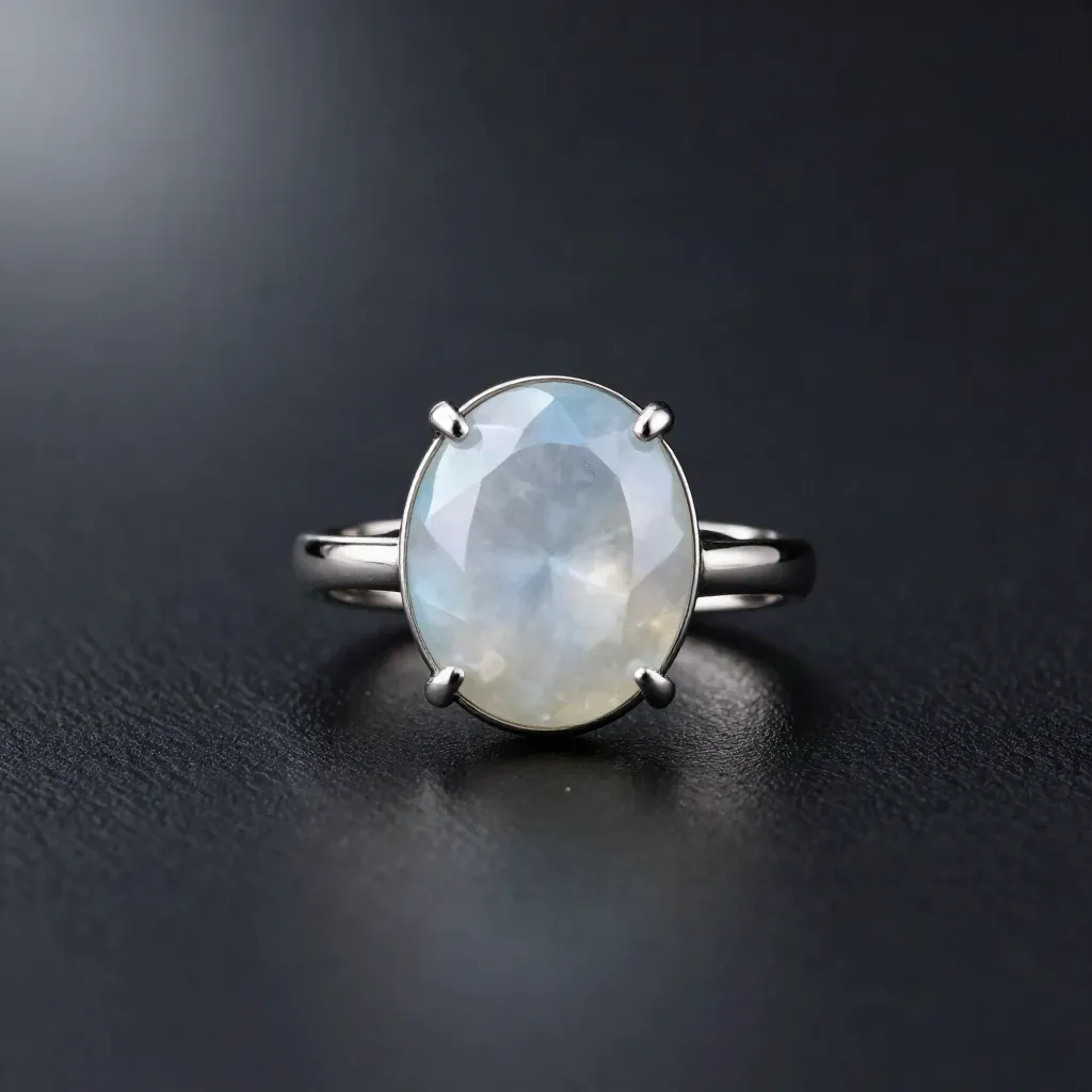 Bague en argent et topaze bleue lumineuse, flottant dans une ambiance sombre perlée.