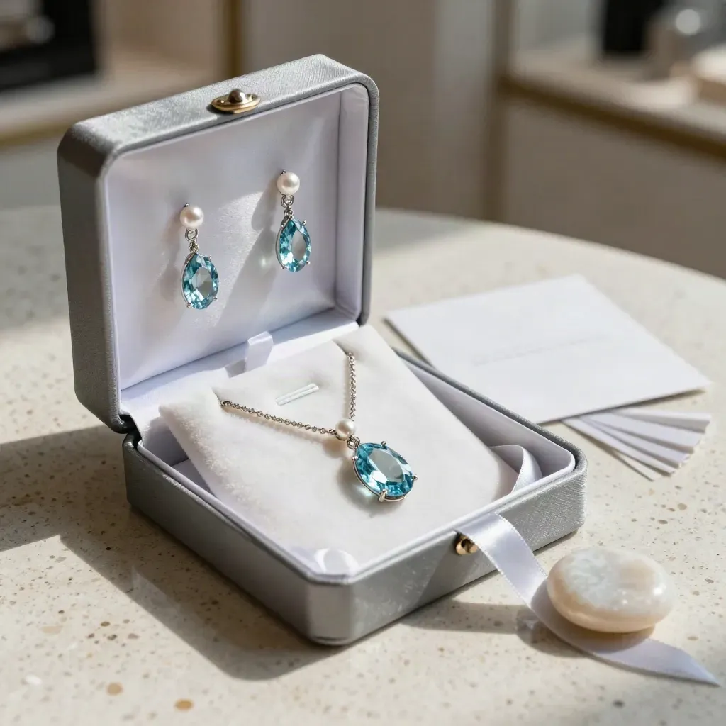 Coffret bijou ouvert avec collier et boucles en topaze bleue, ruban de soie et galet clair.