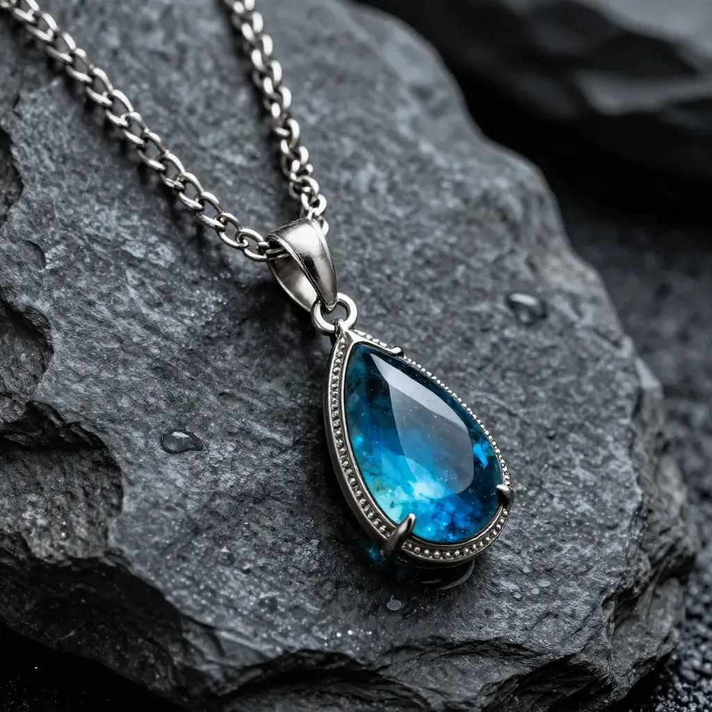 Collier goutte en argent poli sur schiste mouillé, pierre bleue et reflets marins.