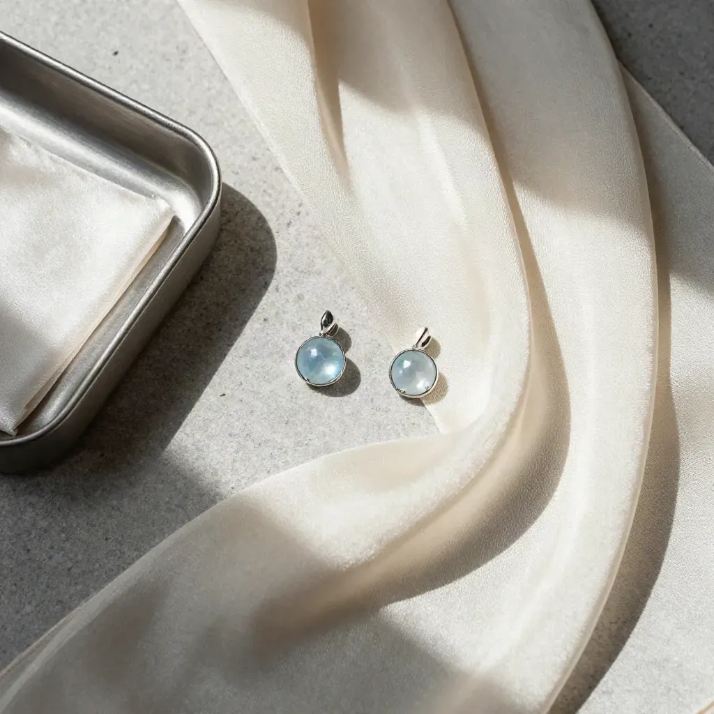 Boucles d’oreilles topaze bleue sur soie crème, vue zénithale élégante.