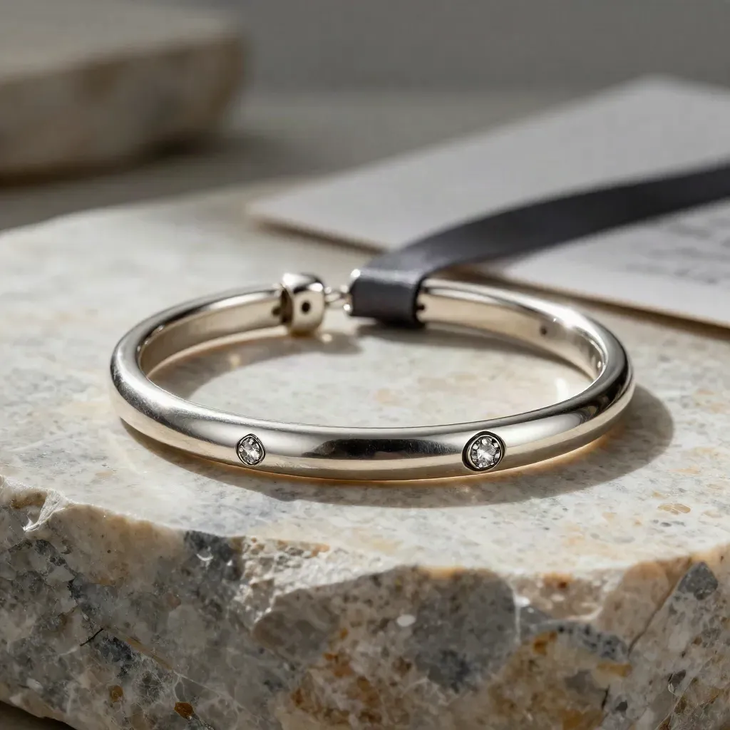 Bracelet rivière en argent sur pierre claire, avec deux cristaux et un ruban sombre.