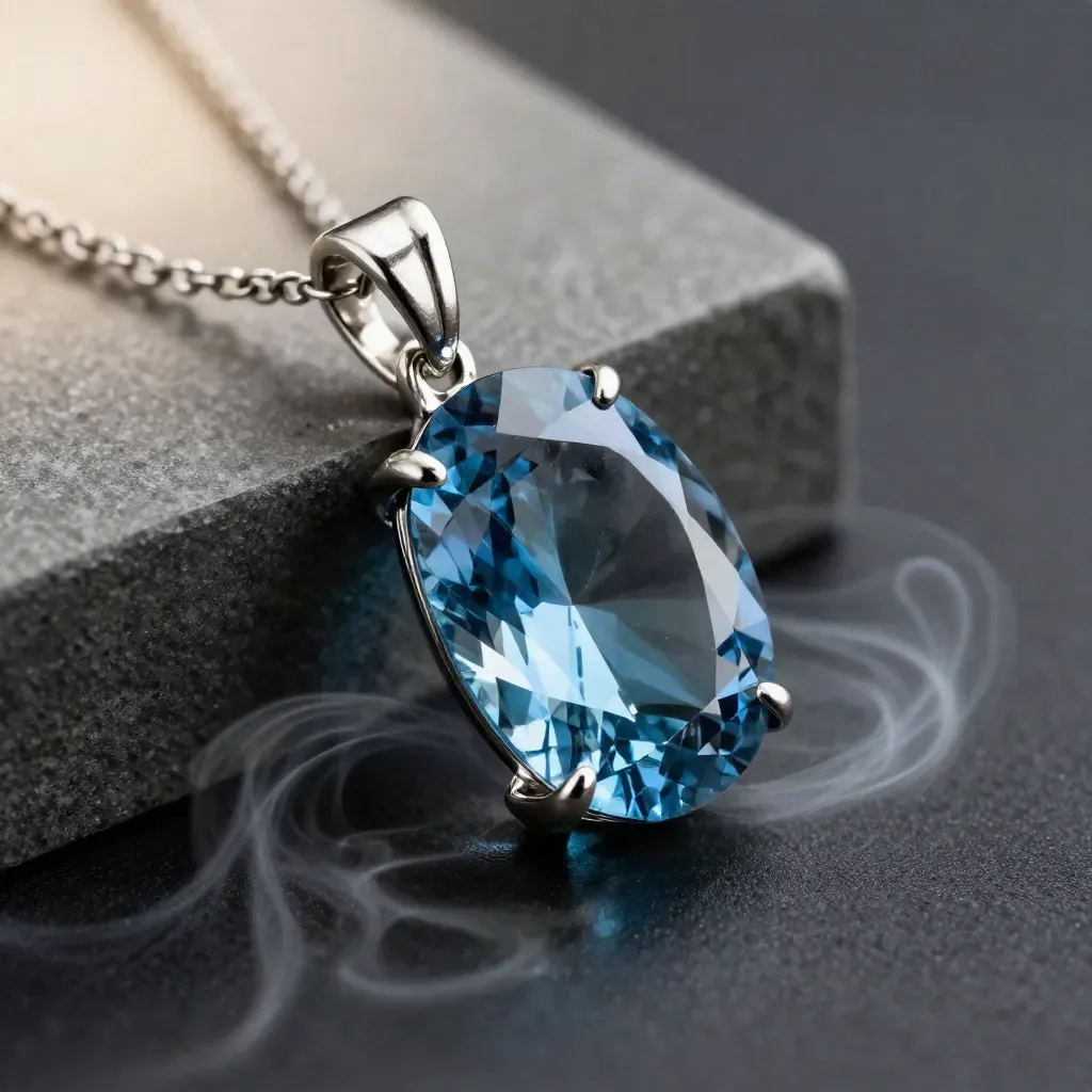 Pendentif en topaze bleue sur socle graphite, éclair froid et voile de fumée.