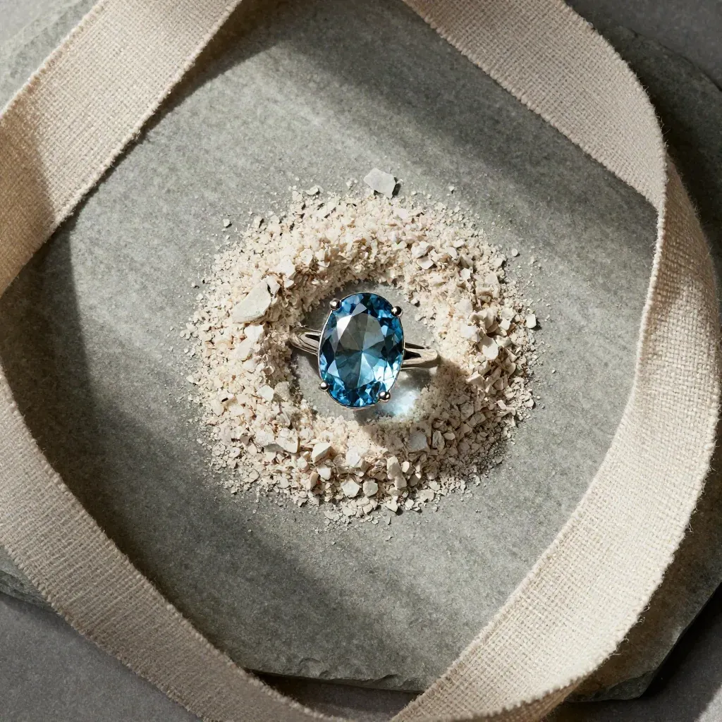 Vue du dessus d’une bague cabochon azur entourée de copeaux minéraux et d’un ruban de lin.