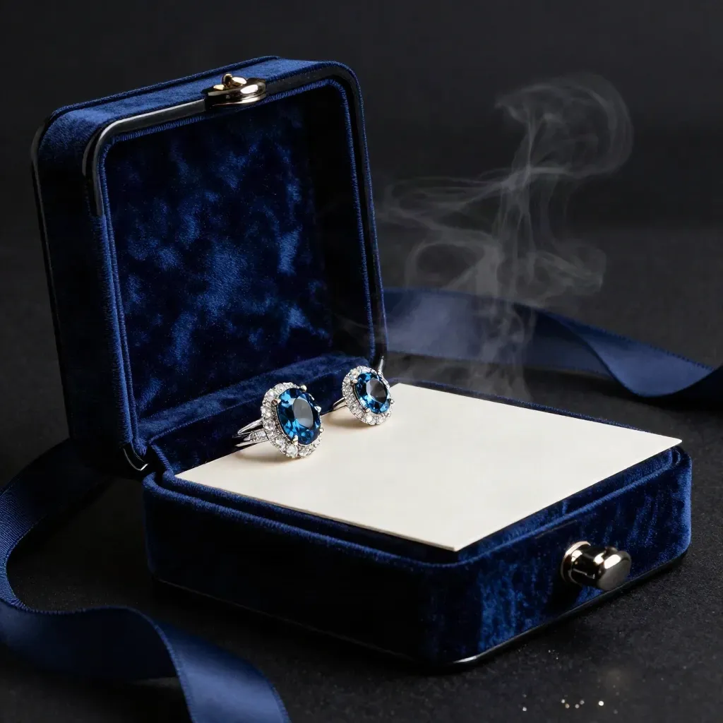 Coffret cadeau bleu ouvert avec bijoux bleu topaze, ruban et carte vierge.