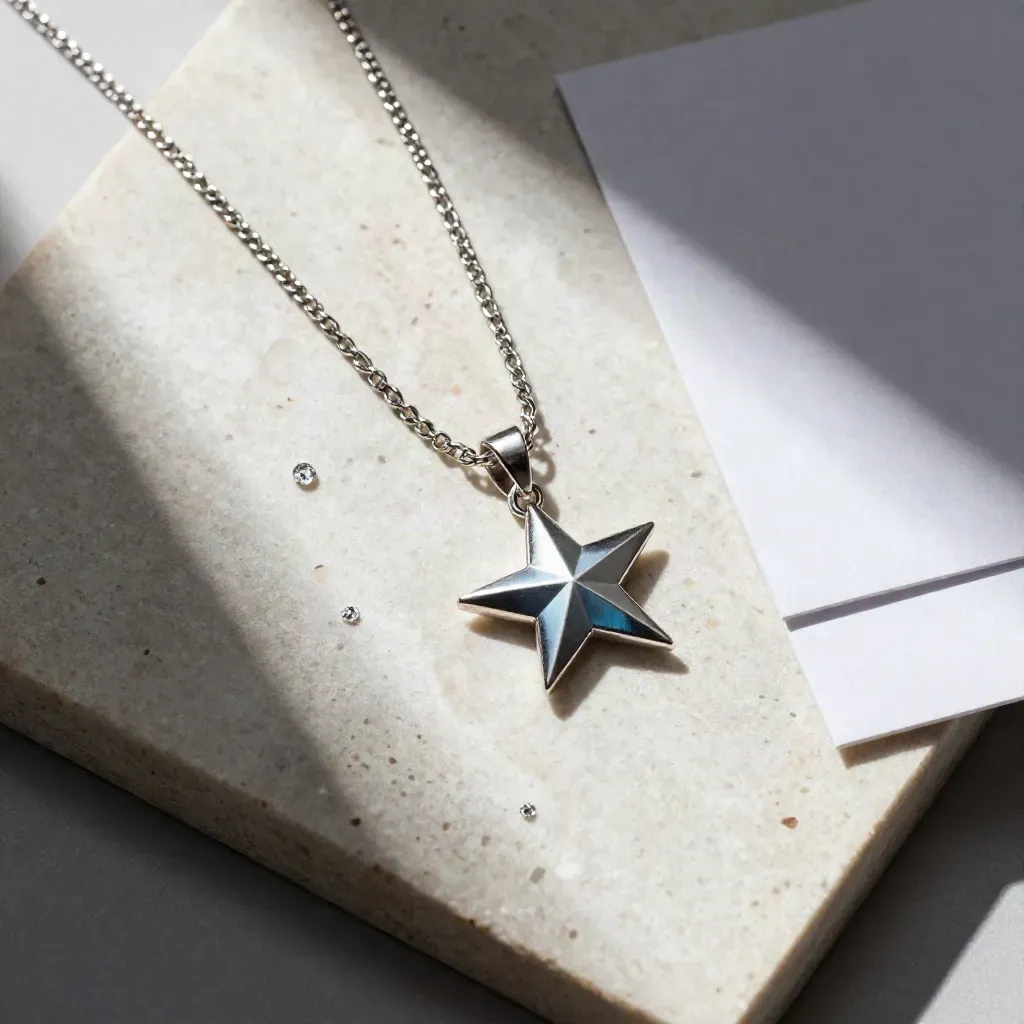 Vue du dessus d’un pendentif étoile en argent avec chaîne sur pierre claire