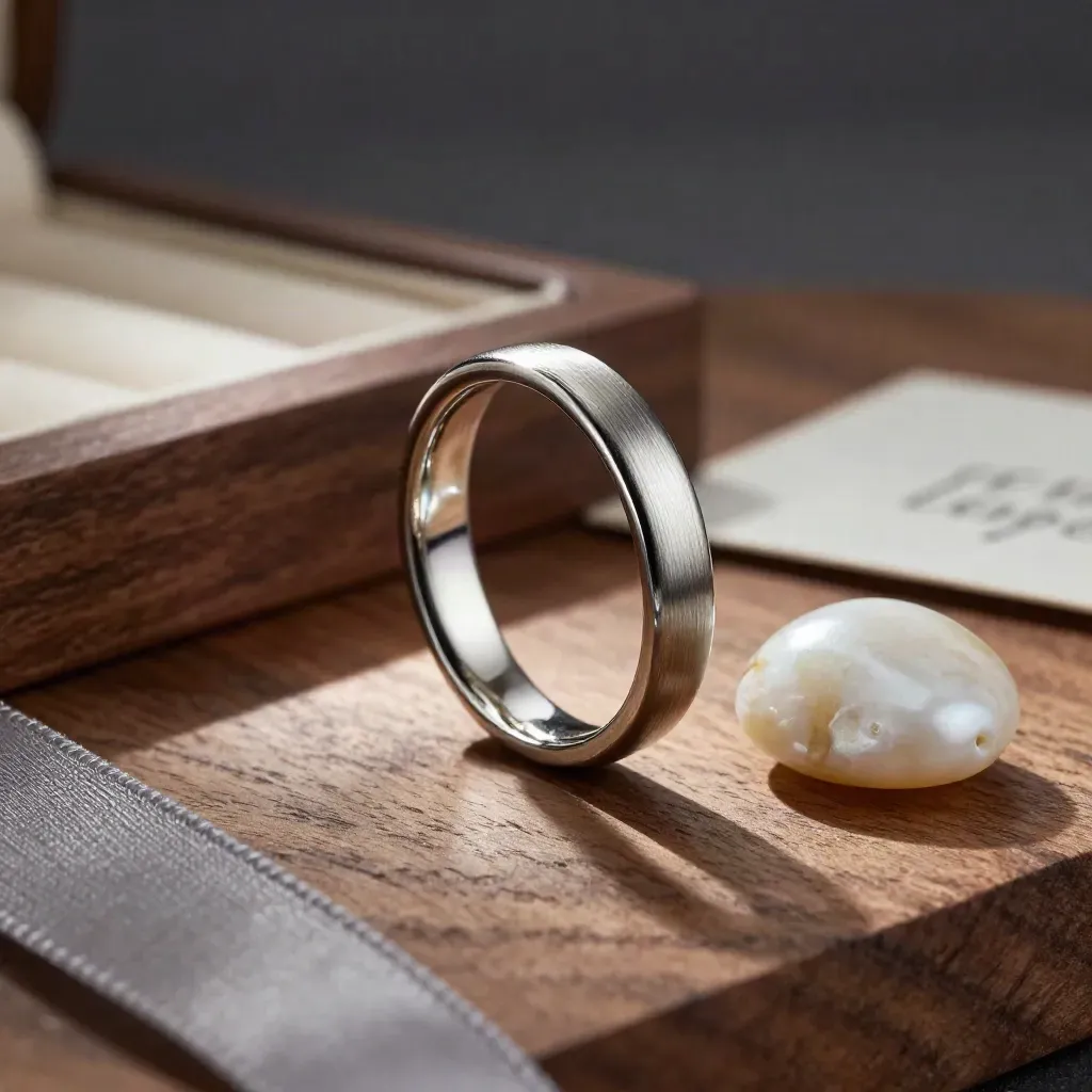 Bague fine en argent 925 avec ruban gris perle, galet lisse et lumière douce
