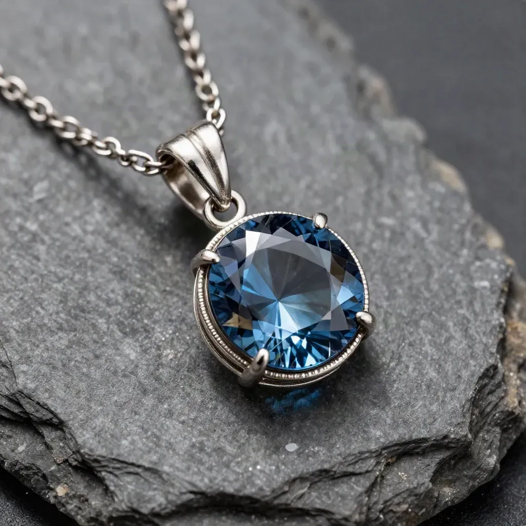 Macro d’un pendentif rond en topaze bleue, chaîne fine et reflets métalliques sur fond minéral sombre