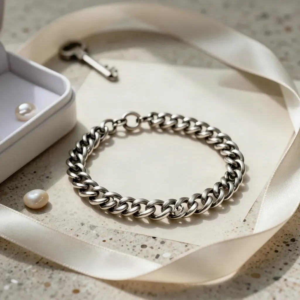 Bracelet argenté ajustable avec boîte ouverte, galet et ruban de soie sur fond clair.