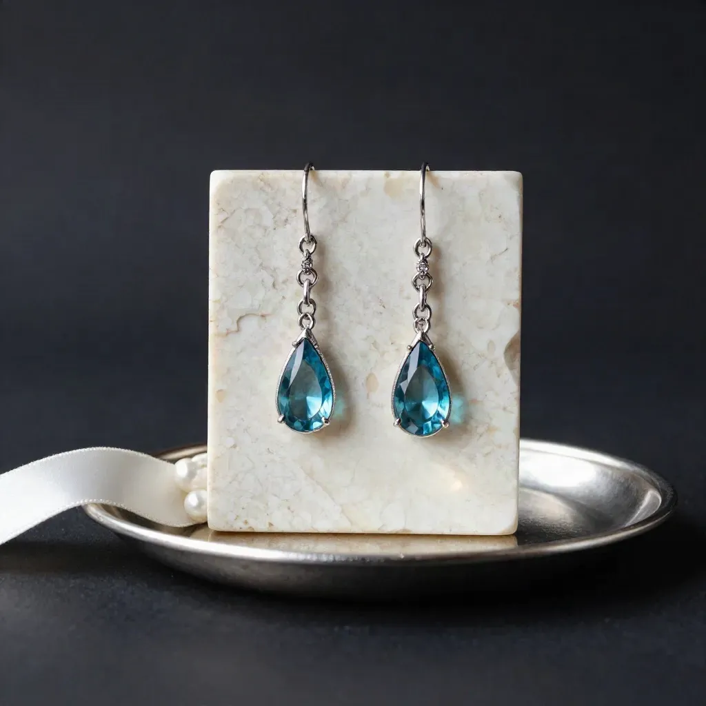 Paire de boucles pendantes en argent et topaze bleue, suspendues au-dessus d’une plaque de pierre claire.