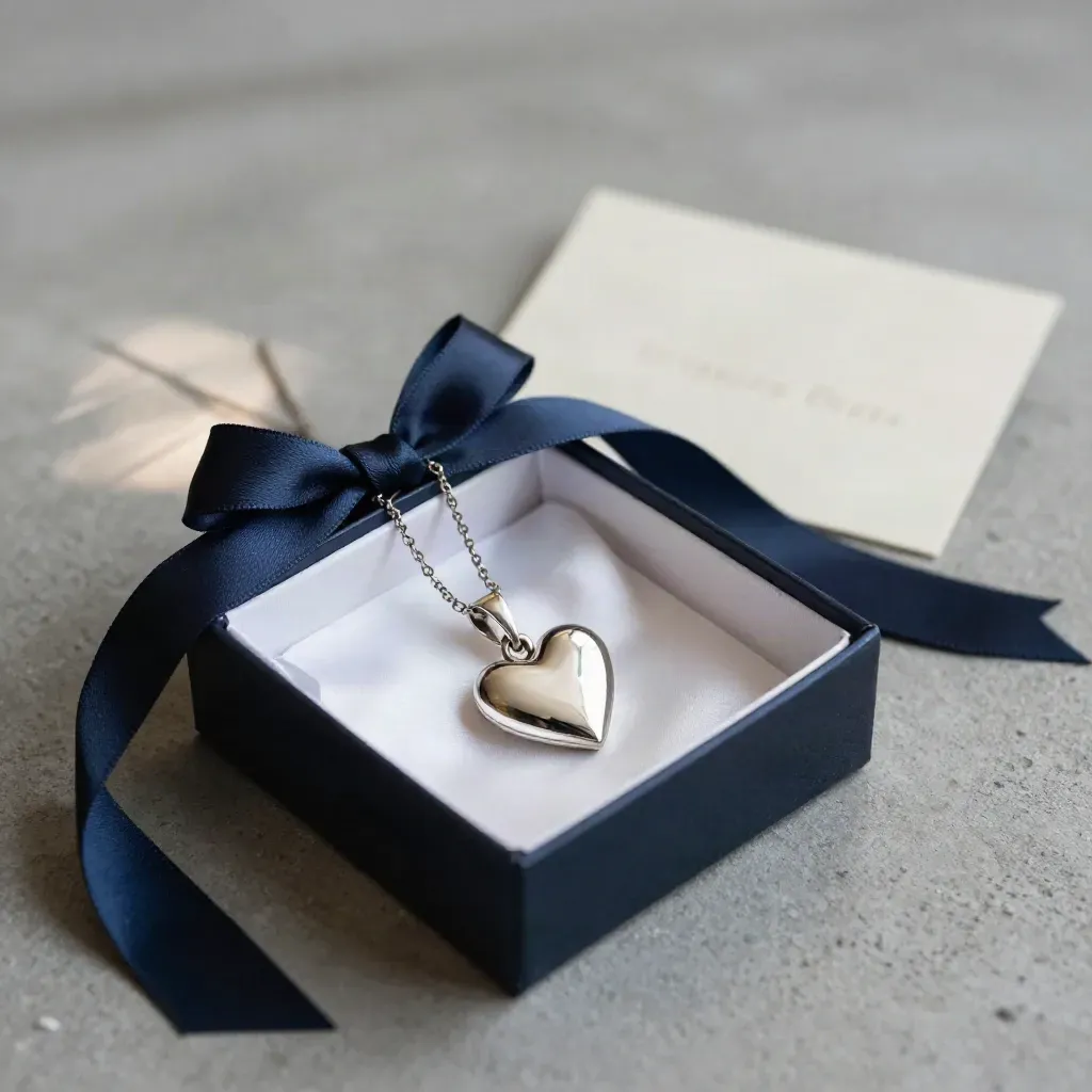 Pendentif cœur en argent dans un coffret cadeau ouvert, sur fond gris clair avec ruban bleu marine.
