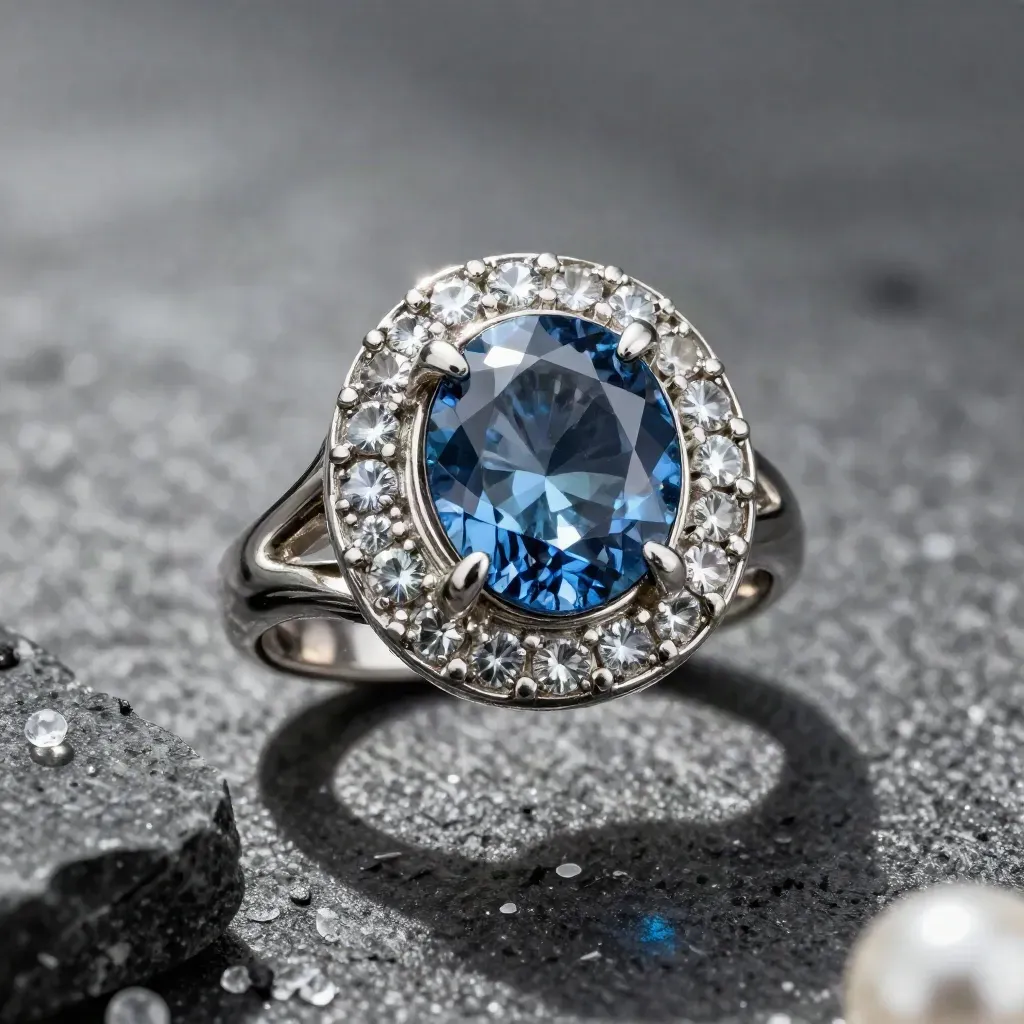 Gros plan d’une bague halo en argent avec topaze bleue, quartz et socle sombre.