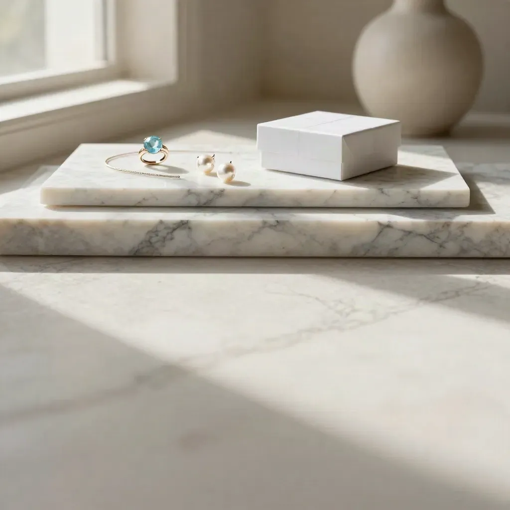 Surface de marbre clair avec bijoux topaze en haut et espace vide pour le titre.