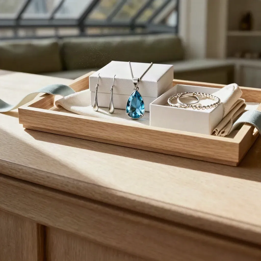 Coin d’intérieur parisien avec bijoux en topaze bleue, bois blond, lin écru et lumière de fin d’après-midi.