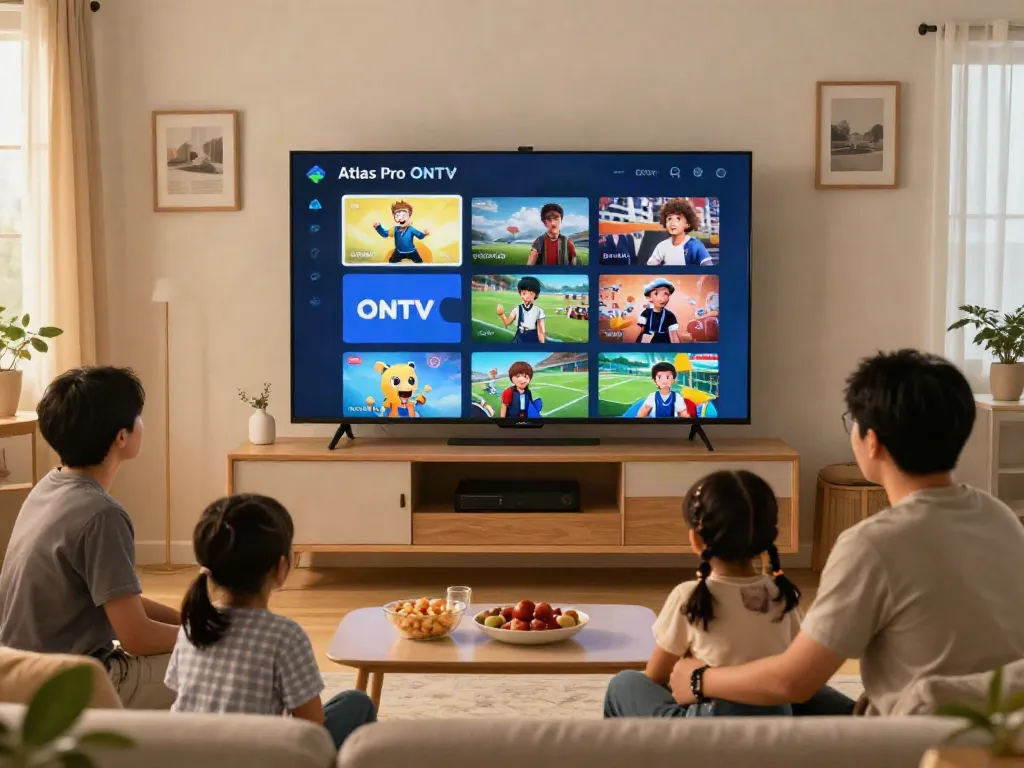La famille profite de l'application Atlas Pro ONTV dans un salon accueillant.