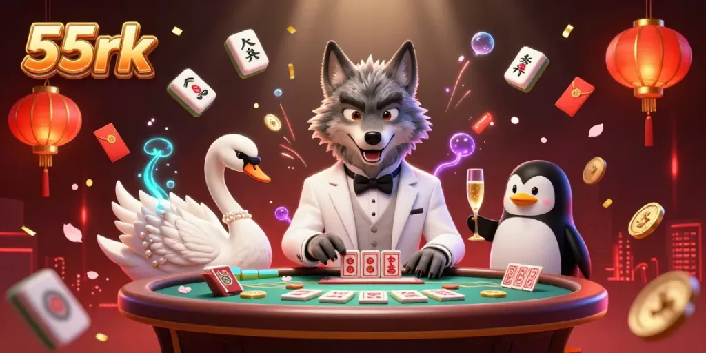 Engage in the dynamic world of 55rk with a luxurious gaming scene featuring animal characters and casino elements.