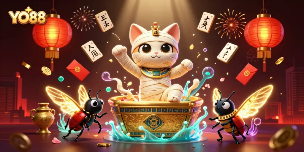YO88 casino illustration showcases a mummy cat and glowing scarab beetle in a vibrant pyramid scene.
