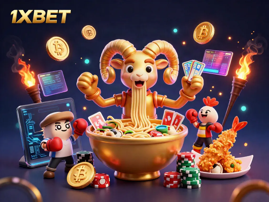 Experience thrilling casino action with 1XBET's vibrant 3D characters and crypto-themed elements.