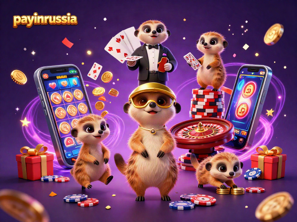 Jouez avec payinrussia dans un casino animé mettant en scène des suricates et des jeux fascinants.