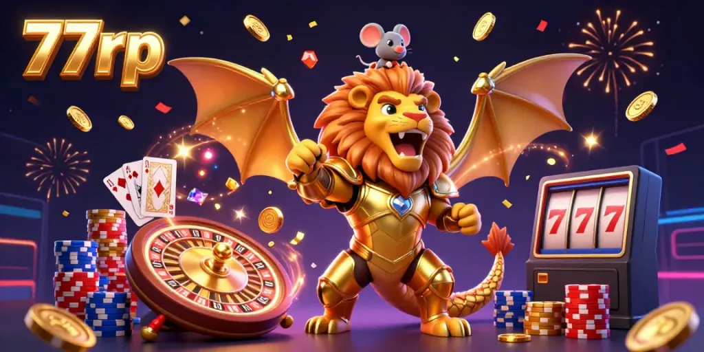Experience the thrill of 77rp with a golden chimera and mouse jockey amidst cascading coins and poker chips in a festive casino scene.