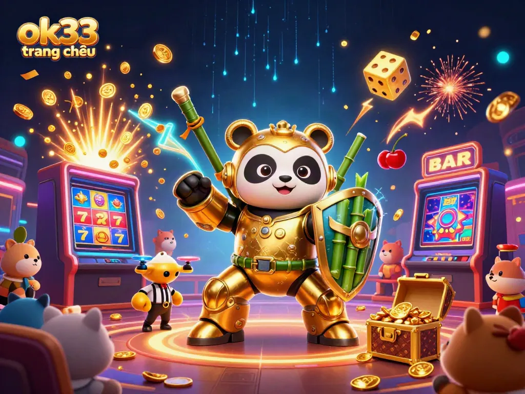 Play slots and win at ok33 trang chủ with a vibrant casino scene featuring a panda in a mech-suit.