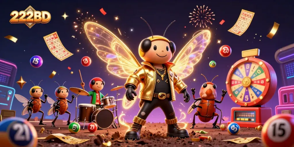 Join the excitement at 222BD with a vibrant 3D casino illustration featuring lottery elements, and energetic characters.