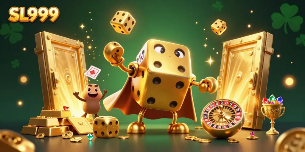 Experience thrilling gameplay with SL999 as golden dice juggle among sparkling jewels and gold.