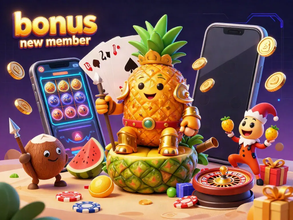 Experience thrilling gameplay with a bonus new member offer, featuring a colorful scene of a golden pineapple king and dynamic slot game elements.